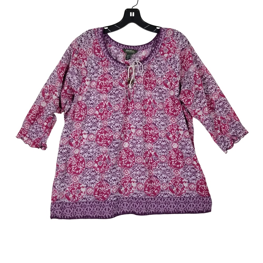 Eddie Bauer Tunic Womens XXL Purple Medallion Print Lace Up 3/4 Sleeve Cotton